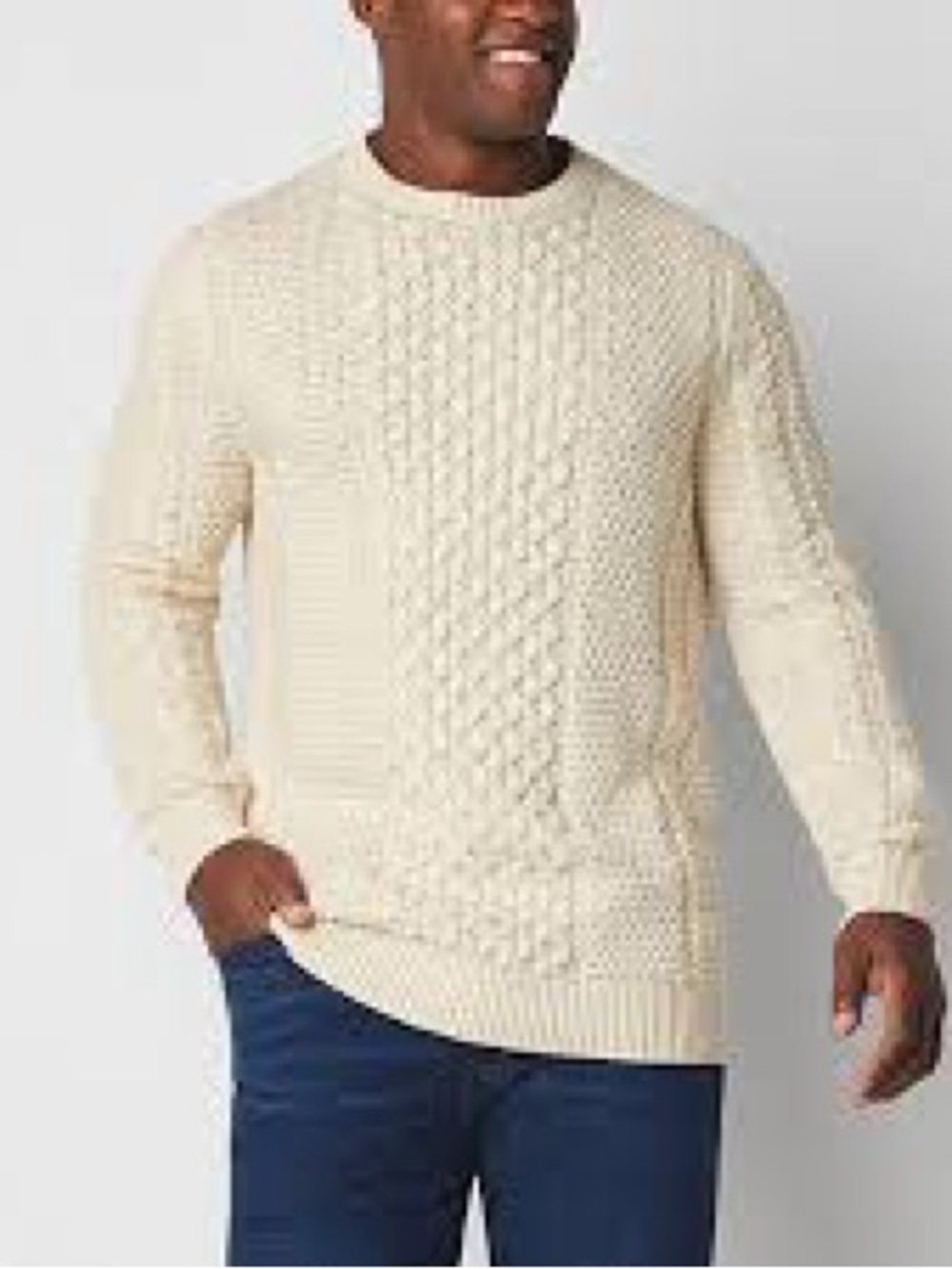 Mutual Weave crewneck fisherman sweater cable-knit pattern donegal style